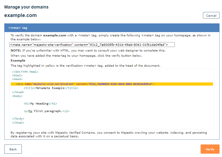 Verification using Meta Tags