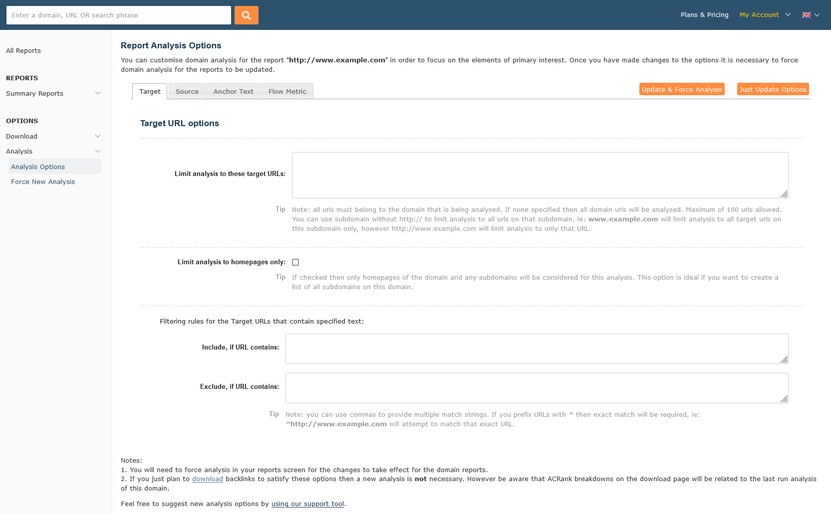 Report Analysis Options screen for Advanced Report