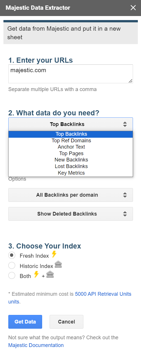 Extract data using the Majestic data extractor