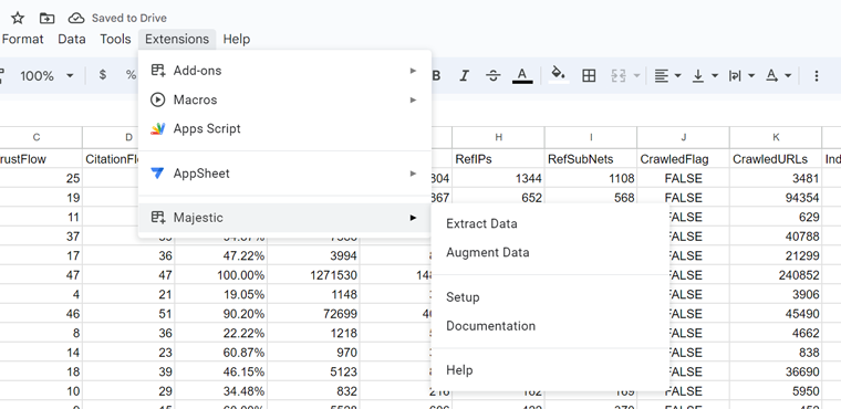 Majestic extension option on Google Sheets